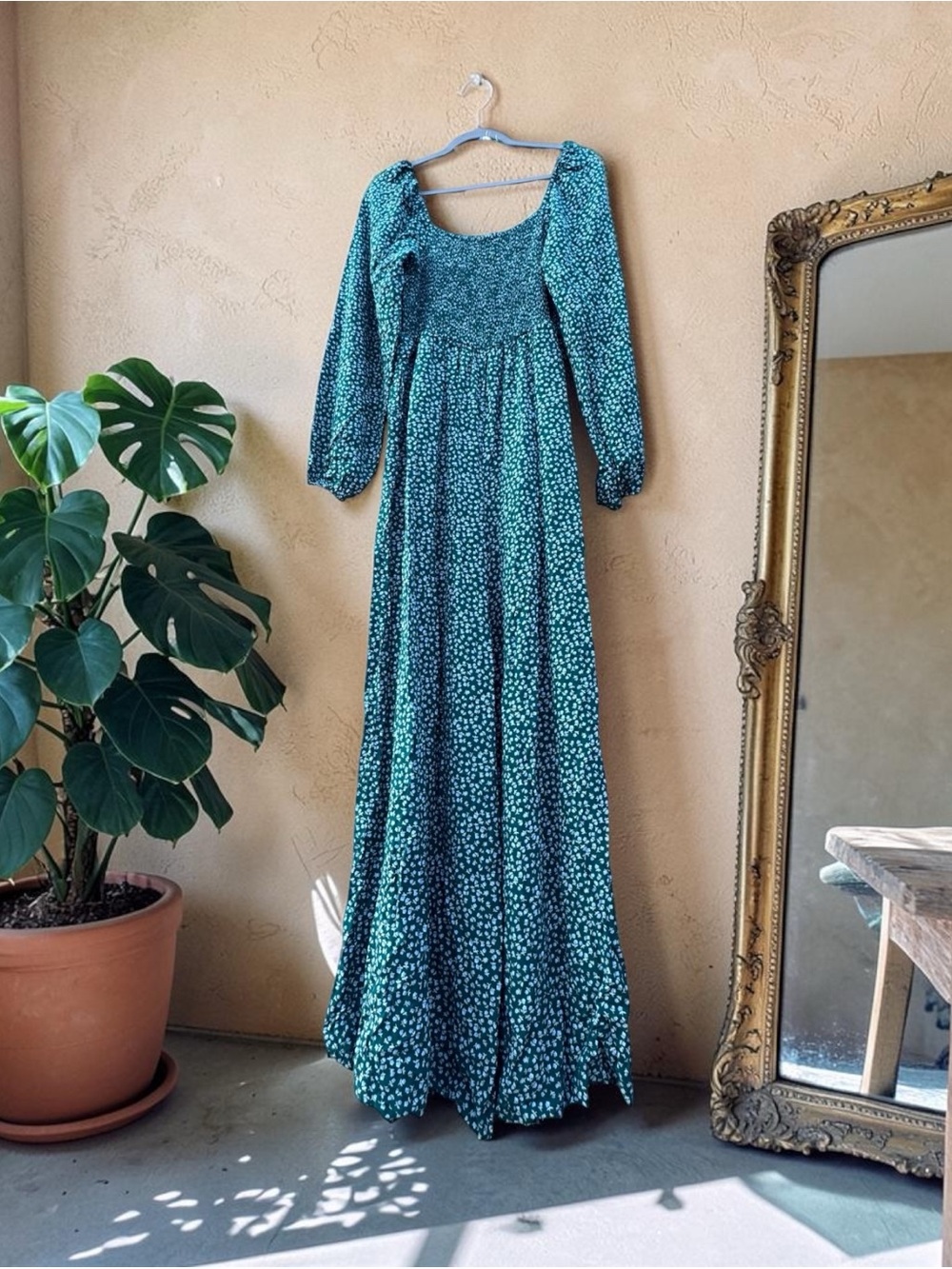Green Boho Floral Smocked Square Neck Maxi Wide Leg Jumpsuit - Size M w/Pockets